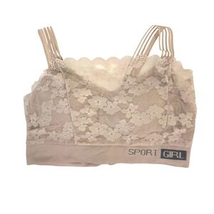 SPORT GIRL Women's Lace Bralette Crop Top Sports Bra Beige Stretch Size M